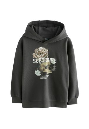 Sweatshirt à capuche gris foncé avec un motif sur le devant représentant une fleur, un crâne et du texte. Tissu doux, coupe ample, poignets et ourlet côtelés.