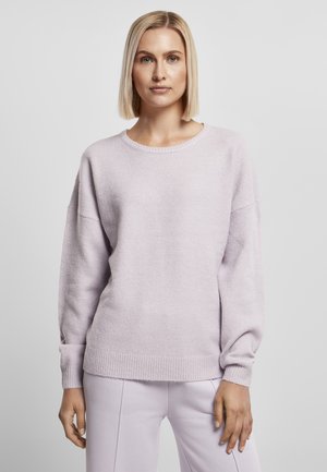 Light lavender knit sweater with long sleeves, crew neckline, ribbed cuffs, and hem. Soft texture and relaxed fit, paired with matching pants.