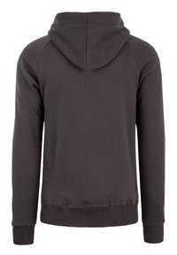 Dunkelgrauer Hoodie mit einer weichen Textur, langen Ärmeln und einer Kängurutasche. Hat gerippte Bündchen und einen Saum sowie eine zentrale Naht auf dem Rücken.