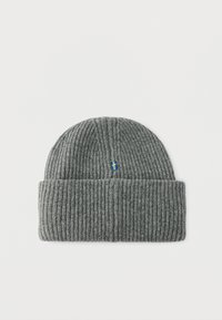 Harmaa neulottu myssy, jossa on resorikuvio ja käännetty reunus. Pieni sinikeltainen Ruotsin lipun koriste. Pehmeä materiaali.