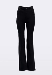 Črne razširjene kavbojke iz jeansa z visokim pasom, zadaj z žepi in zapiranjem z enim kovinskim gumbom v pasu.