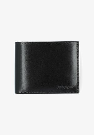 Czarny skórzany portfel o gładkiej fakturze, w formacie bi-fold, z subtelnym tłoczeniem logo w dolnym rogu oraz starannymi szwami wzdłuż krawędzi.