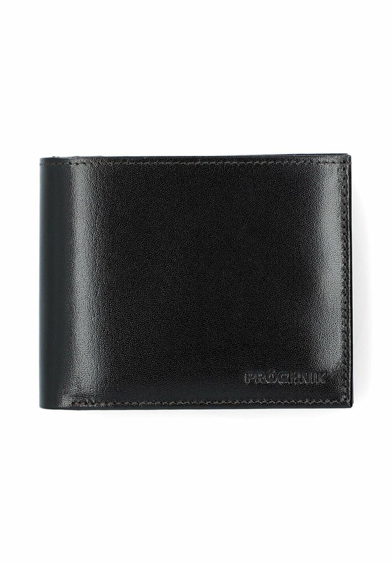 Czarny skórzany portfel o gładkiej fakturze, w formacie bi-fold, z subtelnym tłoczeniem logo w dolnym rogu oraz starannymi szwami wzdłuż krawędzi.