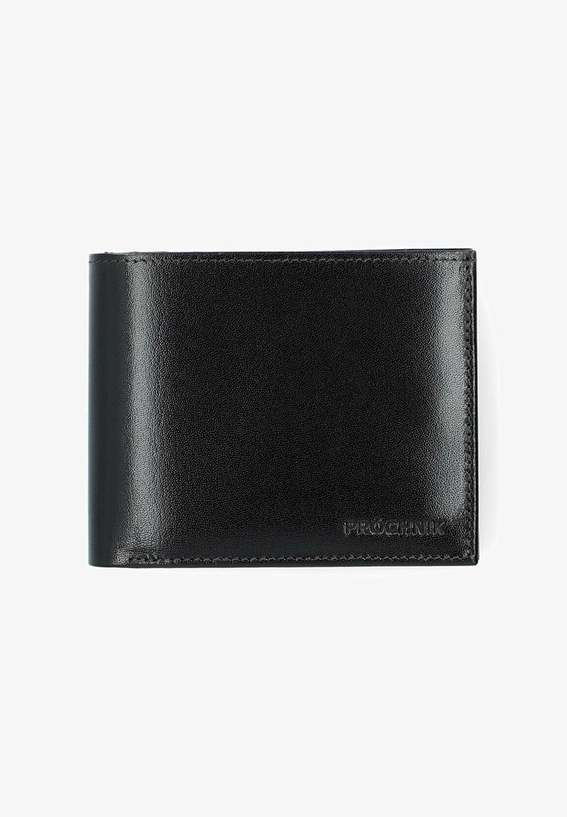 Czarny skórzany portfel o gładkiej fakturze, w formacie bi-fold, z subtelnym tłoczeniem logo w dolnym rogu oraz starannymi szwami wzdłuż krawędzi.
