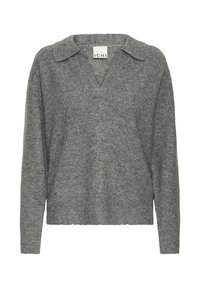 Sivkasta pletena jopica z V-izrezom in širokim ovratnikom. Ima dolge rokave in rebrast rob, izdelana iz mehke, teksturirane tkanine.