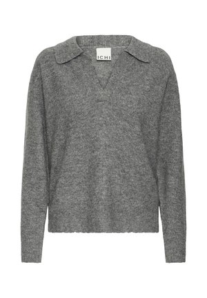 Sivi pleteni pulover s V-izrezom i širokim ovratnikom. Ima duge rukave i rebrasti rub, izrađen je od mekanog, teksturiranog materijala.