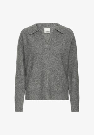 Szary sweter dzianinowy z dekoltem w serek i szerokim kołnierzem. Posiada długie rękawy oraz prążkowany dół, wykonany z miękkiego, teksturowanego materiału.