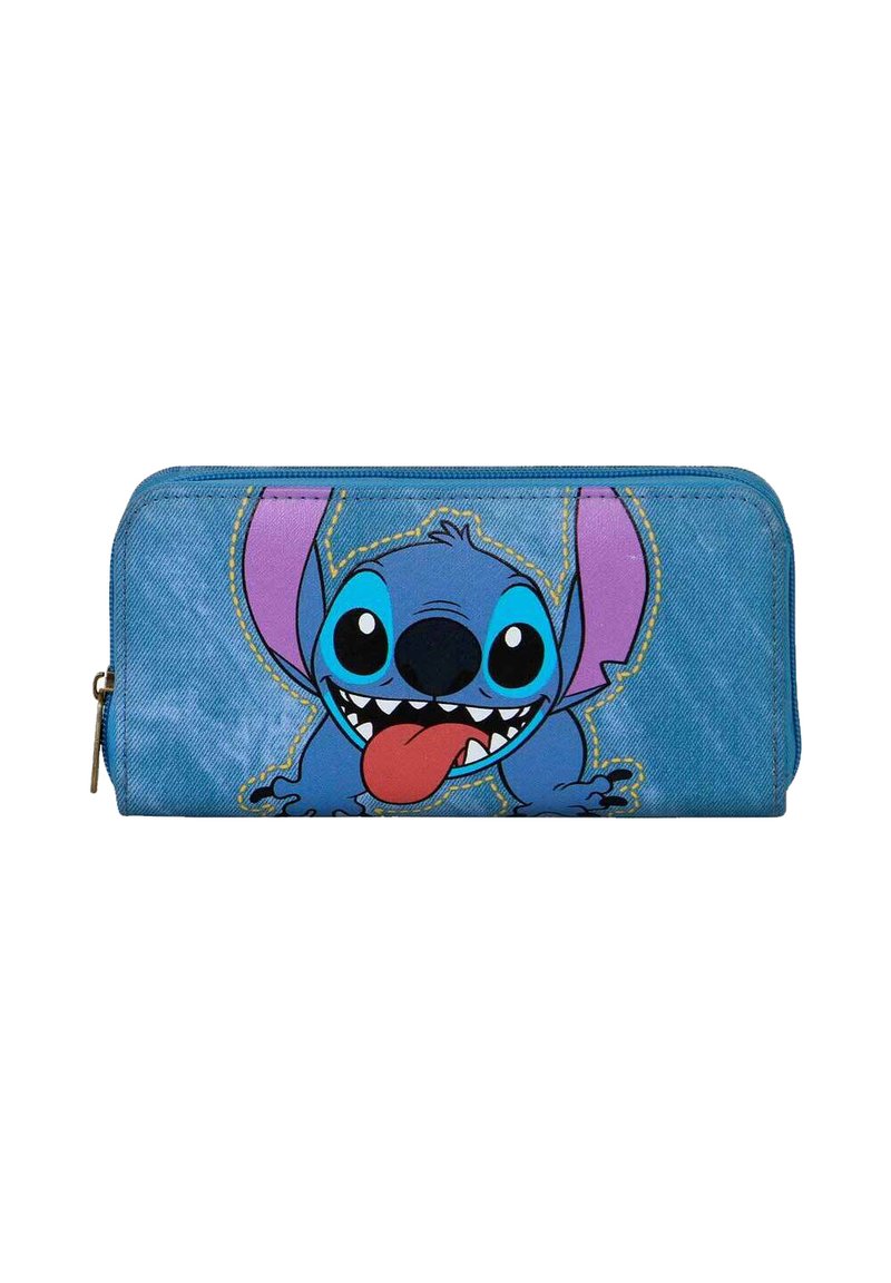 Cartera azul con cremallera que presenta un personaje de dibujos animados con ojos grandes, orejas notables y una expresión juguetona impresa en un tejido duradero.
