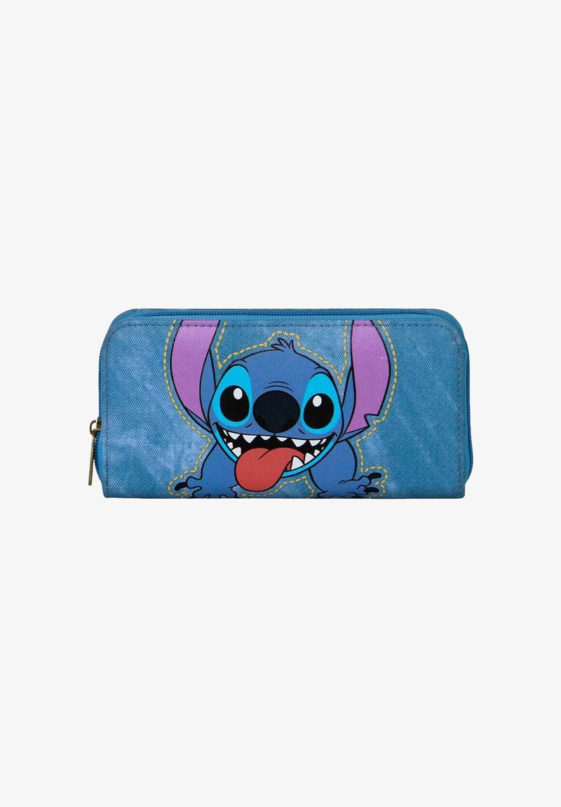 Cartera azul con cremallera que presenta un personaje de dibujos animados con ojos grandes, orejas notables y una expresión juguetona impresa en un tejido duradero.
