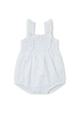 Pelele blanco para bebé con estampado floral amarillo, tirantes con volantes, pecho fruncido y cierres a presión en la parte inferior.