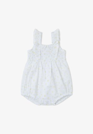 Pelele blanco para bebé con estampado floral amarillo, tirantes con volantes, pecho fruncido y cierres a presión en la parte inferior.