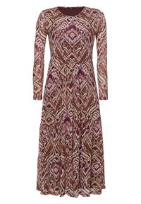 Robe longue en tissu à motifs présentant des nuances de bordeaux, crème et vert, avec des manches longues et un corsage ajusté se prolongeant en une jupe évasée.