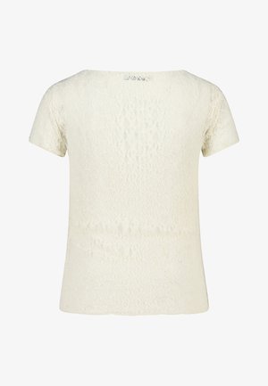 Haut crème à manches courtes en dentelle florale et à encolure ronde, présenté de dos.