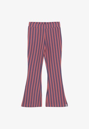 Lila- und korallenfarbene, vertikal gestreifte Schlaghose mit elastischem Bund und kleinem weißen Etikett am Saum.