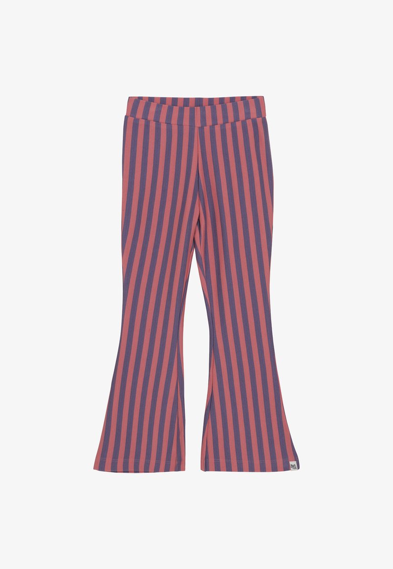 Lila- und korallenfarbene, vertikal gestreifte Schlaghose mit elastischem Bund und kleinem weißen Etikett am Saum.