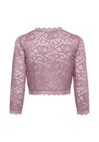 Crop top en dentelle lavande avec manches longues, ourlet festonné et motif floral, doté d'une texture transparente et d'un design complexe.
