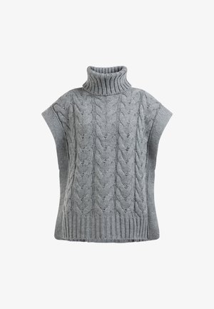 Szary sweter dzianinowy z wysokim, prążkowanym kołnierzem, z wzorem w warkocze, krótkimi rękawami i prążkowanym dołem.