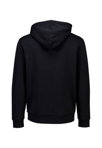 Felpa nera con una texture morbida, dotata di cappuccio e polsini a costine. Il retro presenta un design semplice senza alcun motivo o accentuazione.