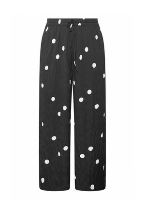 Pantalon noir à jambes larges avec pois blancs irréguliers, taille élastique et fermeture à cordon.