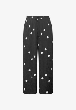 Pantalon noir à jambes larges avec pois blancs irréguliers, taille élastique et fermeture à cordon.