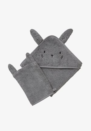 Gray hooded baby towel and washcloth with bunny ears and embroidered face on towel hood, soft terry fabric.