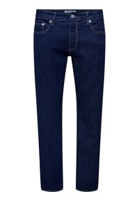 Vaqueros de pierna recta de color azul oscuro con bolsillos frontales, trabillas para el cinturón y cierre de botón, diseñados para uso casual.