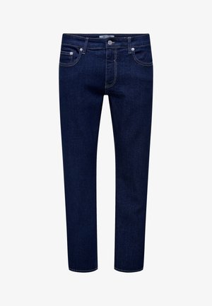 Vaqueros de pierna recta de color azul oscuro con bolsillos frontales, trabillas para el cinturón y cierre de botón, diseñados para uso casual.