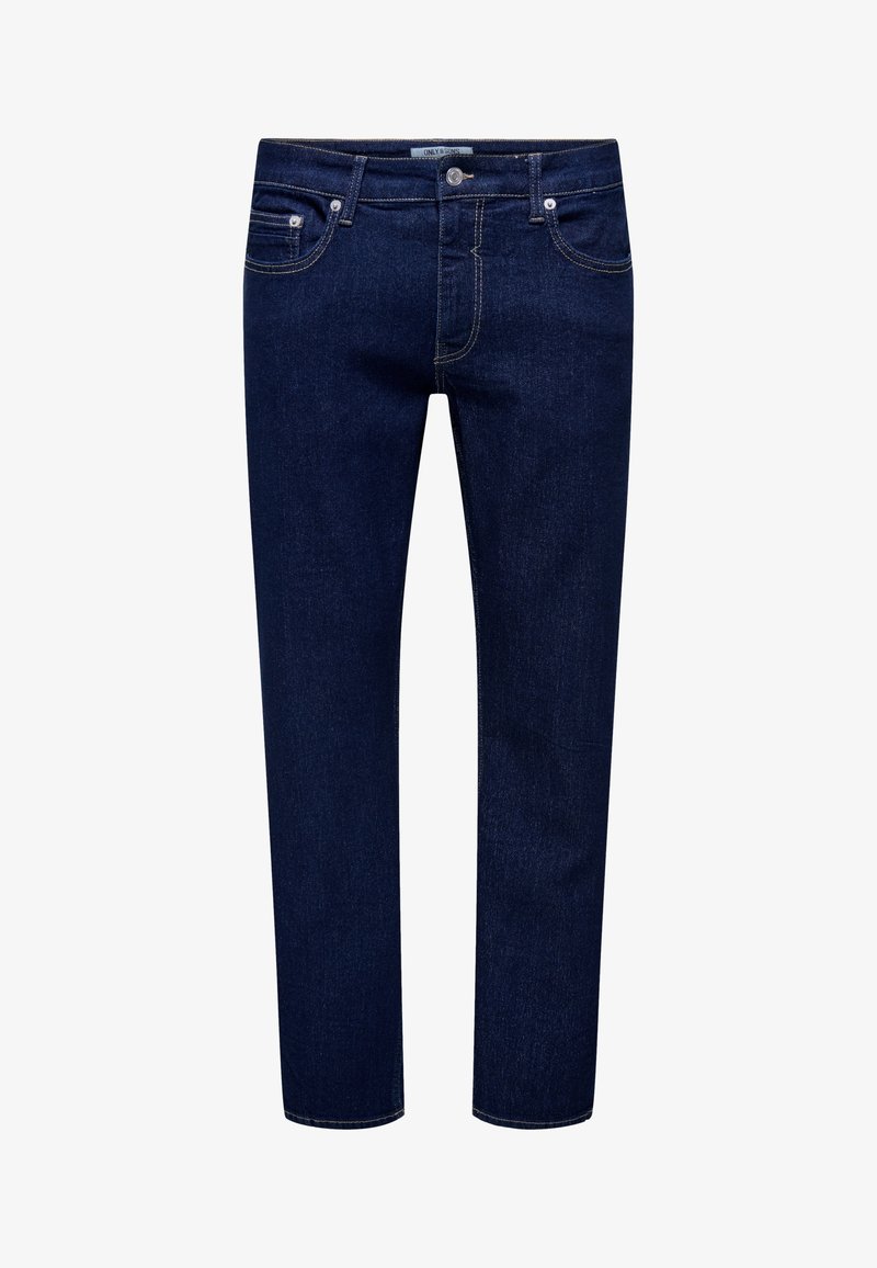 Dark blue straight-leg jeans with front pockets, belt loops, and button closure, designed for casual wear.