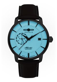 Schwarze Armbanduhr mit rundem Zifferblatt, hellblauem Ziffernblatt, schwarzen Stundenmarkierungen und zwei Subdials; braunes Lederarmband; "Zeppelin" und "Atlantic automatic" Logos vorhanden.