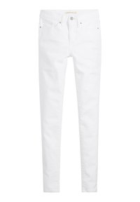 Vaqueros skinny blancos de denim, con un diseño clásico de cinco bolsillos, cierre frontal con botón y detalles de hardware minimalistas.