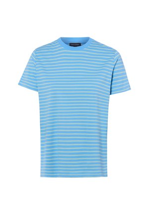 Blue and light gray horizontal striped short-sleeve t-shirt with a crew neckline and a black label inside the collar.