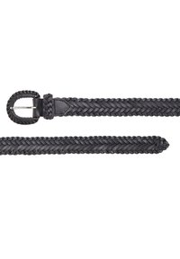 Cintura in pelle nera intrecciata con una texture a intreccio e una fibbia metallica rotonda. Presenta un'estremità in pelle liscia e un design elegante e minimalista.