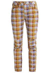 Färgglada rutiga byxor med ett mönster i gult, rött och blått. Tillverkade av lättviktsmaterial; figursydd design med fickor.