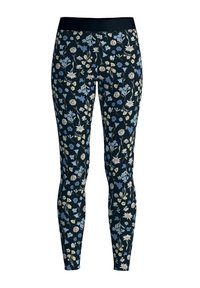 Leggings met een marineblauwe achtergrond en een bloemenpatroon in lichtblauw, crème en geel. Elastische tailleband, aansluitende pasvorm.