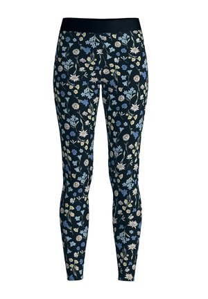 Leggings met een marineblauwe achtergrond en een bloemenpatroon in lichtblauw, crème en geel. Elastische tailleband, aansluitende pasvorm.