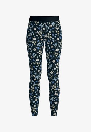 Leggings featuring a navy background with a floral pattern in light blue, cream, and yellow. Elastic waistband, fitted silhouette.