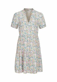 Robe à manches courtes à fleurs avec un décolleté en V. Présente un fond bleu clair, avec des petites fleurs regroupées en rose, jaune et vert. Jupe évasée.
