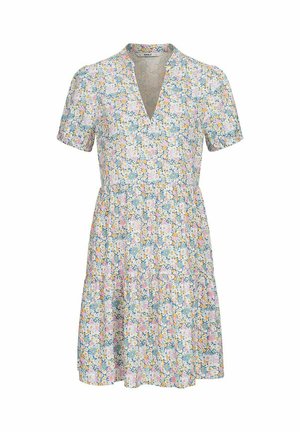 Bloemrijk kleding met korte mouwen en een v-hals. Heeft een lichtblauwe achtergrond, met een cluster van kleine bloemen in roze, geel en groen. Heeft een uitlopende rok.