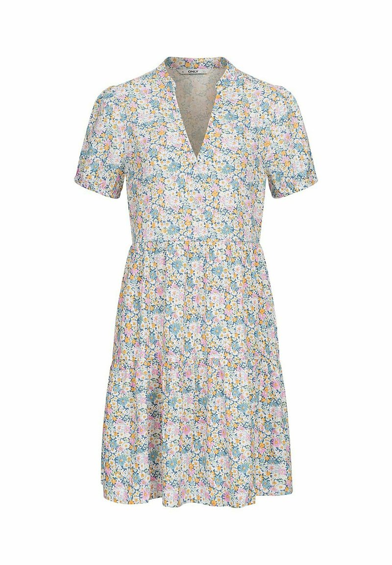 Robe à manches courtes à fleurs avec un décolleté en V. Présente un fond bleu clair, avec des petites fleurs regroupées en rose, jaune et vert. Jupe évasée.