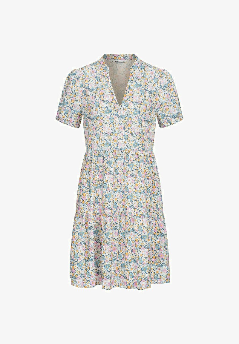 Robe à manches courtes à fleurs avec un décolleté en V. Présente un fond bleu clair, avec des petites fleurs regroupées en rose, jaune et vert. Jupe évasée.