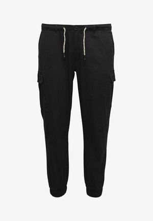 Black cargo pants with elastic cuffs, adjustable drawstring waist, side pockets, and a smooth fabric texture.