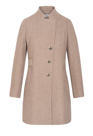 Beige jas van gestructureerde stof met een hoge kraag, voorzien van drie knopen aan de voorkant, twee zijzakken en subtiele zijaccenten.