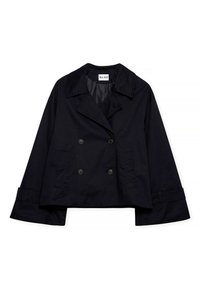 Mörk marinblå kort jacka med dubbelknäppt front, stor krage, vida ärmar och två framfickor, tillverkad av ett slätt tyg.