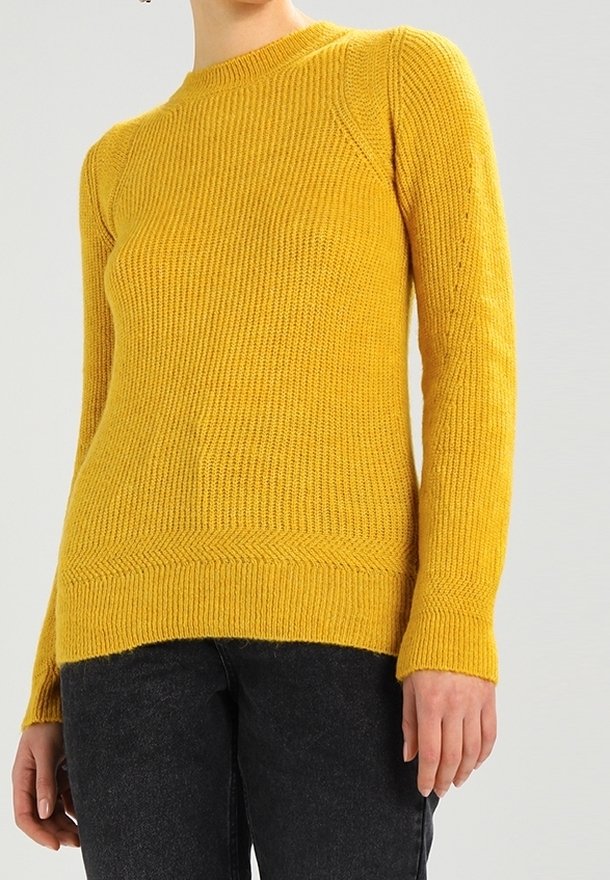 Yellow knitted sweater with a textured pattern, round neckline, and long sleeves. Features ribbed cuffs and a chevron design at the hem.