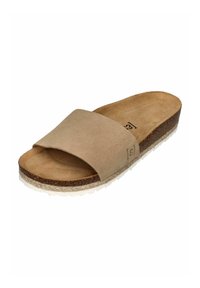 Beige suede slide sandal with wide strap, cork midsole, and white rubber outsole. Textured footbed for comfort.