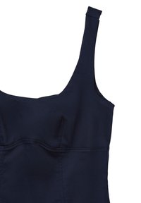 Abito senza maniche di un blu navy con scollo quadrato, texture liscia e corpino aderente; presenta dettagli di cucitura lungo il busto.