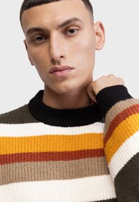Sweater en tricot avec des rayures horizontales noires, blanches, vert olive, jaune moutarde, orange brûlé et beige. Encolure ras du cou côtelée.