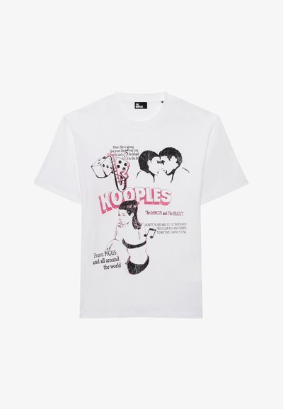 White cotton t-shirt featuring black and pink graphic prints of a couple, a woman in a top, and text elements. Short sleeves, crew neck design.