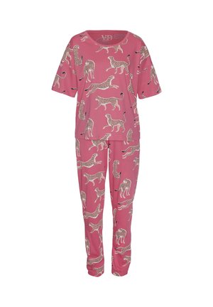 Pink cotton pajama set featuring a short-sleeve top and long pants, adorned with various leopard prints in contrasting colors.