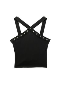 Sort ærmeløs cropped top med krydsede stropper og sølvøje detaljer langs den øverste kant.